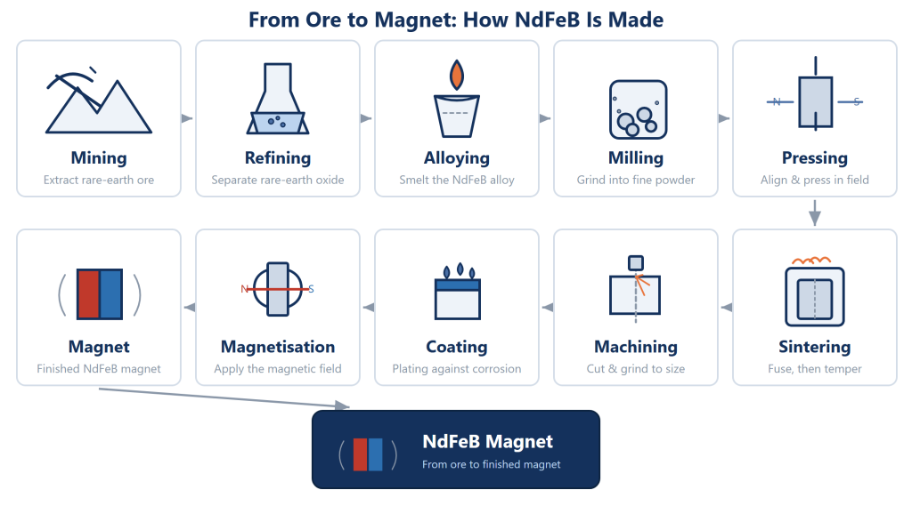 How neodymium magnets are made: the ten stages from rare-earth ore to a finished sintered NdFeB magnet