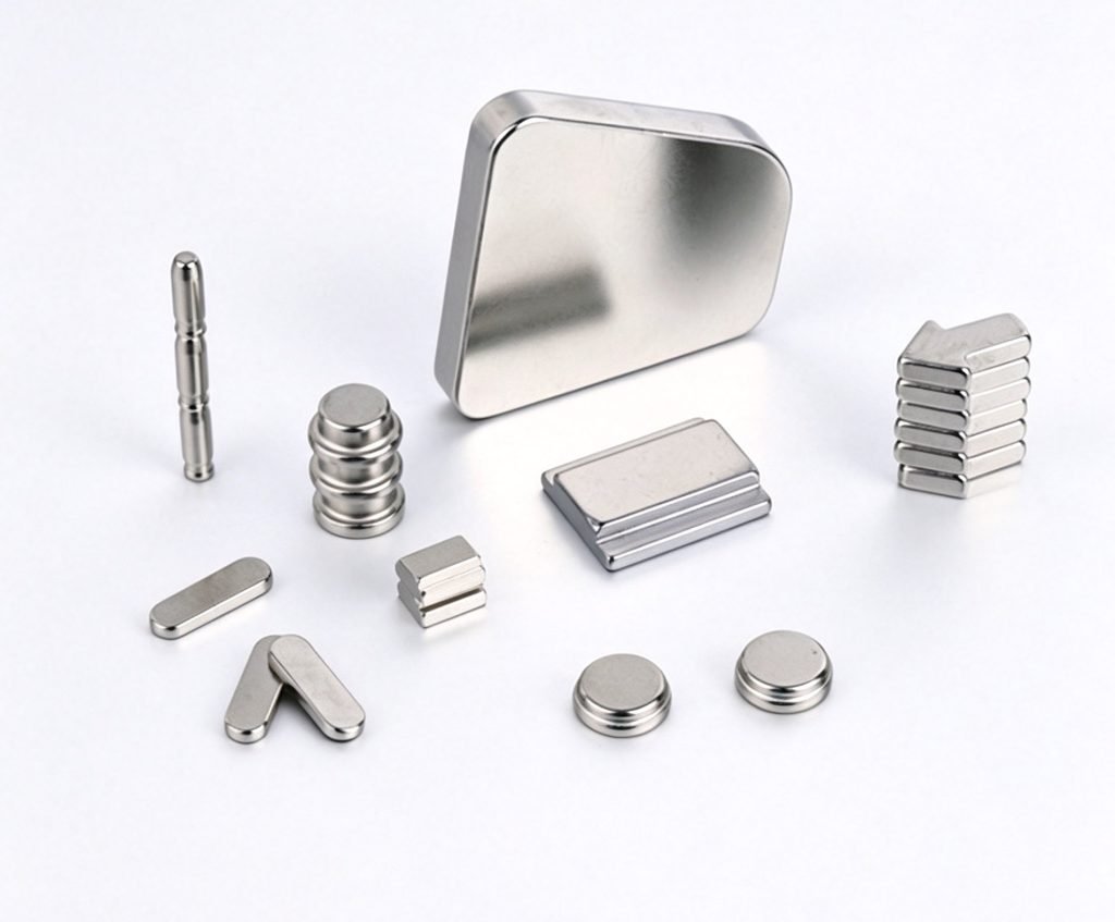 Nickel-plated neodymium magnets in several shapes after coating