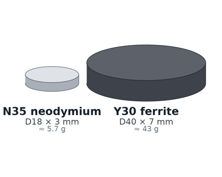 Neodymium vs ferrite magnet size comparison, same 18 kg pull